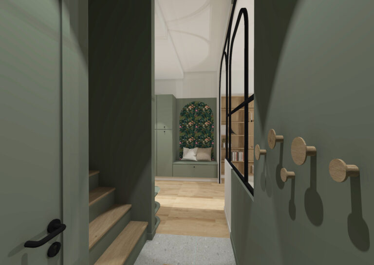 Entrée aménagée avec mobilier — Projet LES ALOUETTES